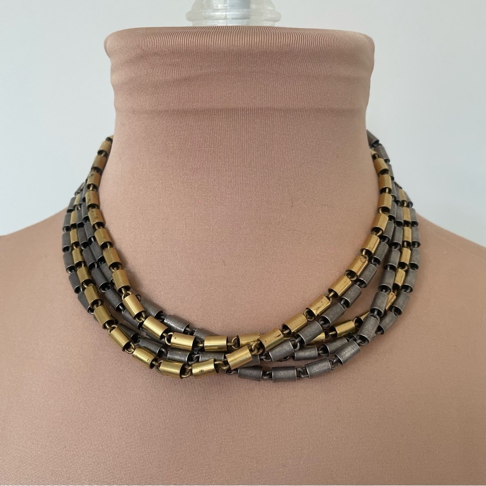 John Wind Gold Gunmetal Mixed Metal Multi Strand Tube Link Choker Necklace Euc